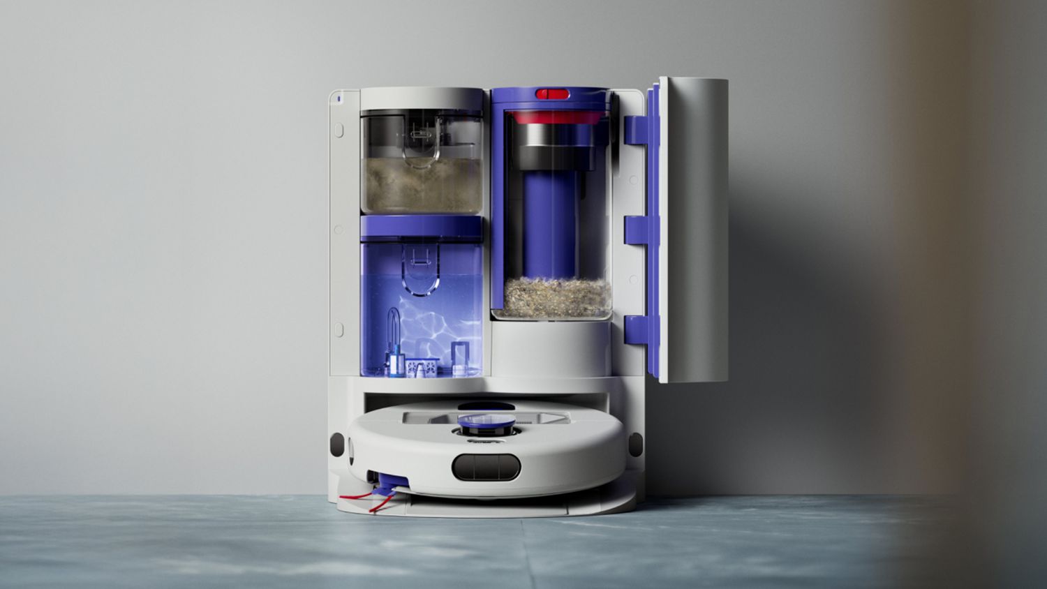 Dyson R2 Nurovi Wash+Dry robot vacuum cleaner in its dock.