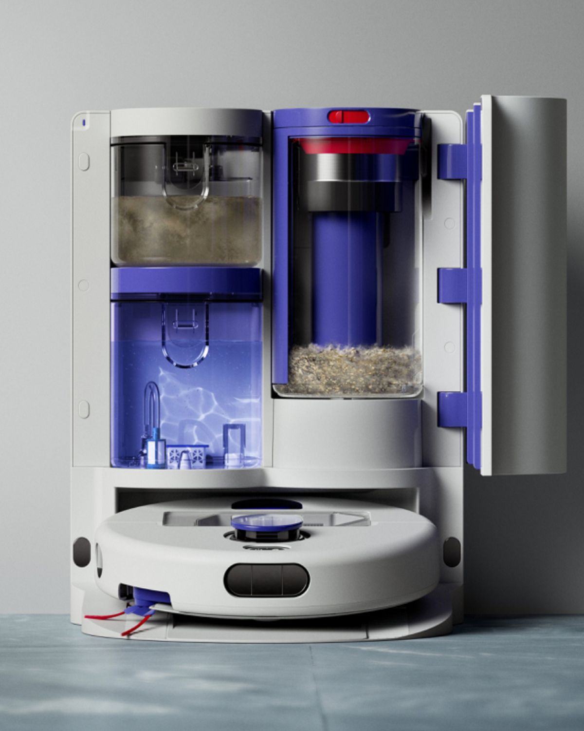 Dyson R2 Nurovi Wash+Dry robot vacuum cleaner in its dock.