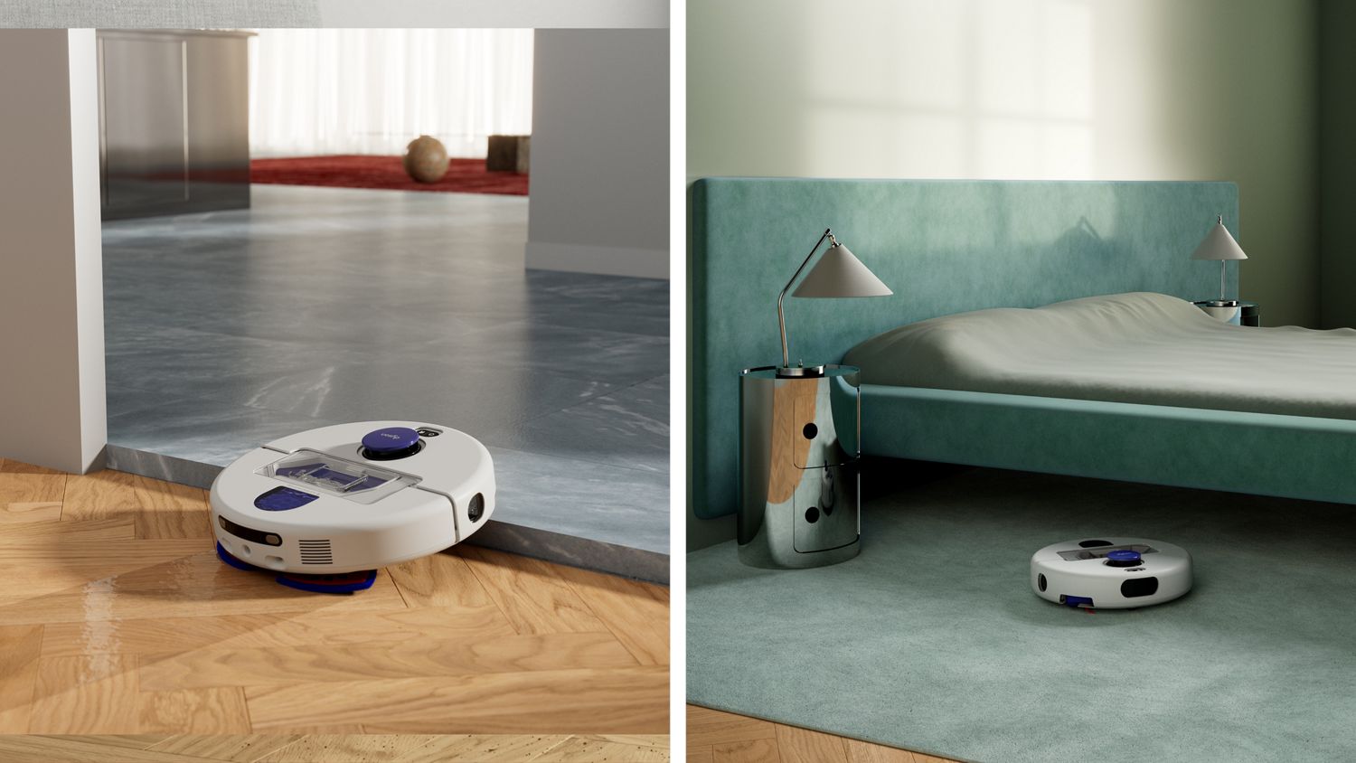 Dyson R2 Nurovi robot vacuum cleaner climbing a small step and on a raised carpet in a home.