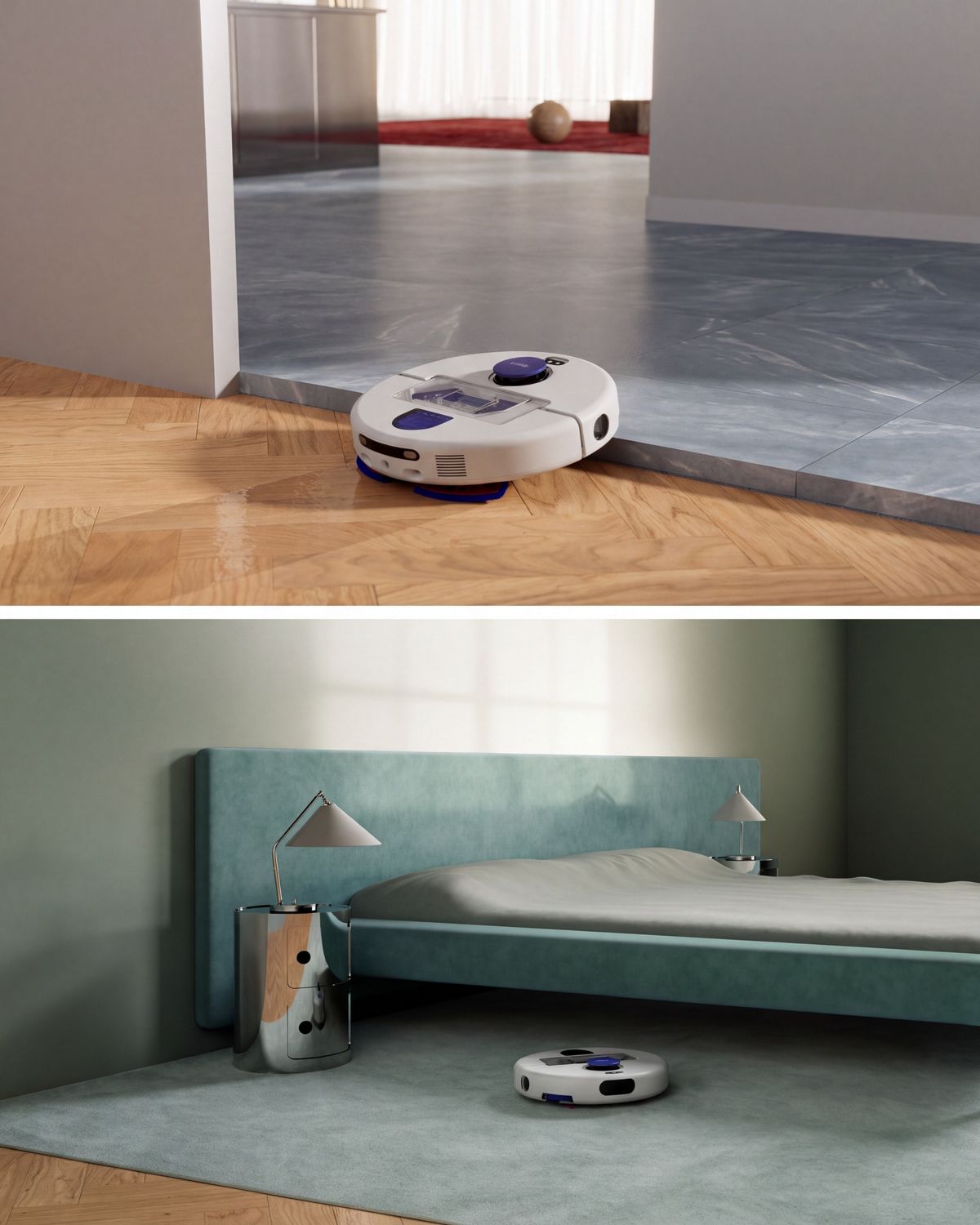 Dyson R2 Nurovi robot vacuum cleaner climbing a small step and on a raised carpet in a home.