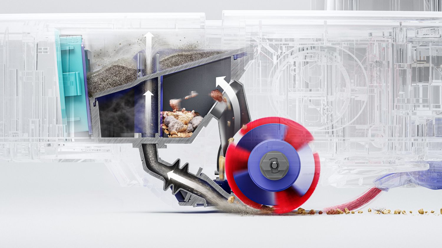 Cutaway shows the Dyson Twin-capture system inside the Dyson R2 Nurovi Wash+Dry robot vacuum cleaner.