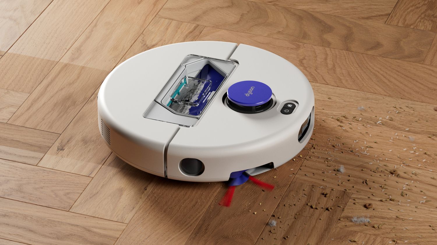 Dyson R1 Nurovi Dry robot vacuum cleaner cleaning a carpet.