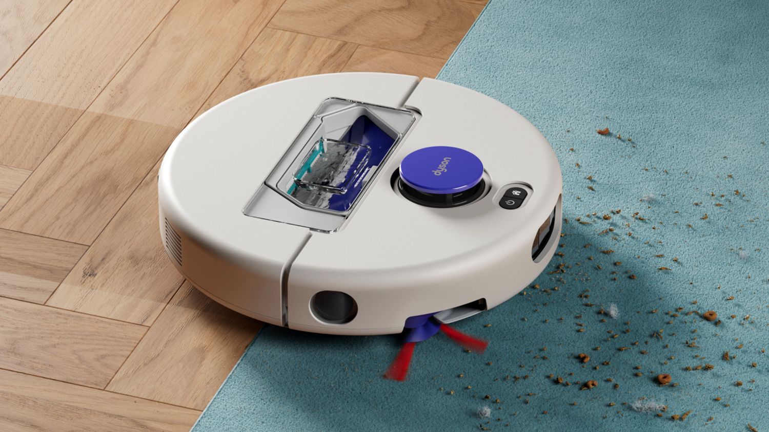 Dyson R1 Nurovi Dry robot vacuum cleaner cleaning between hard floors and carpet.