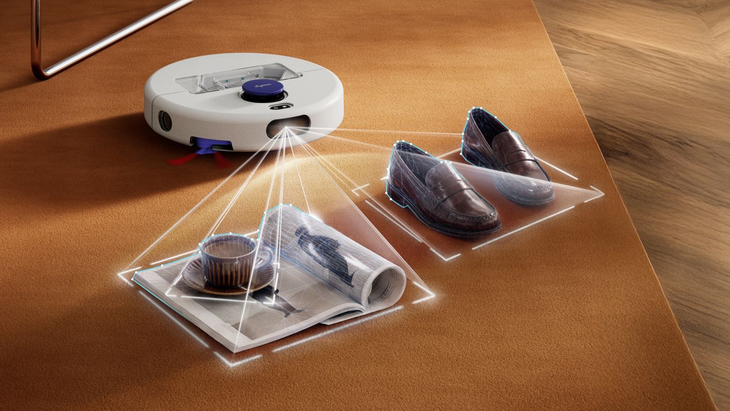 Dyson R1 Nurovi Dry robot vacuum cleaner cleaning autonomously in a home.