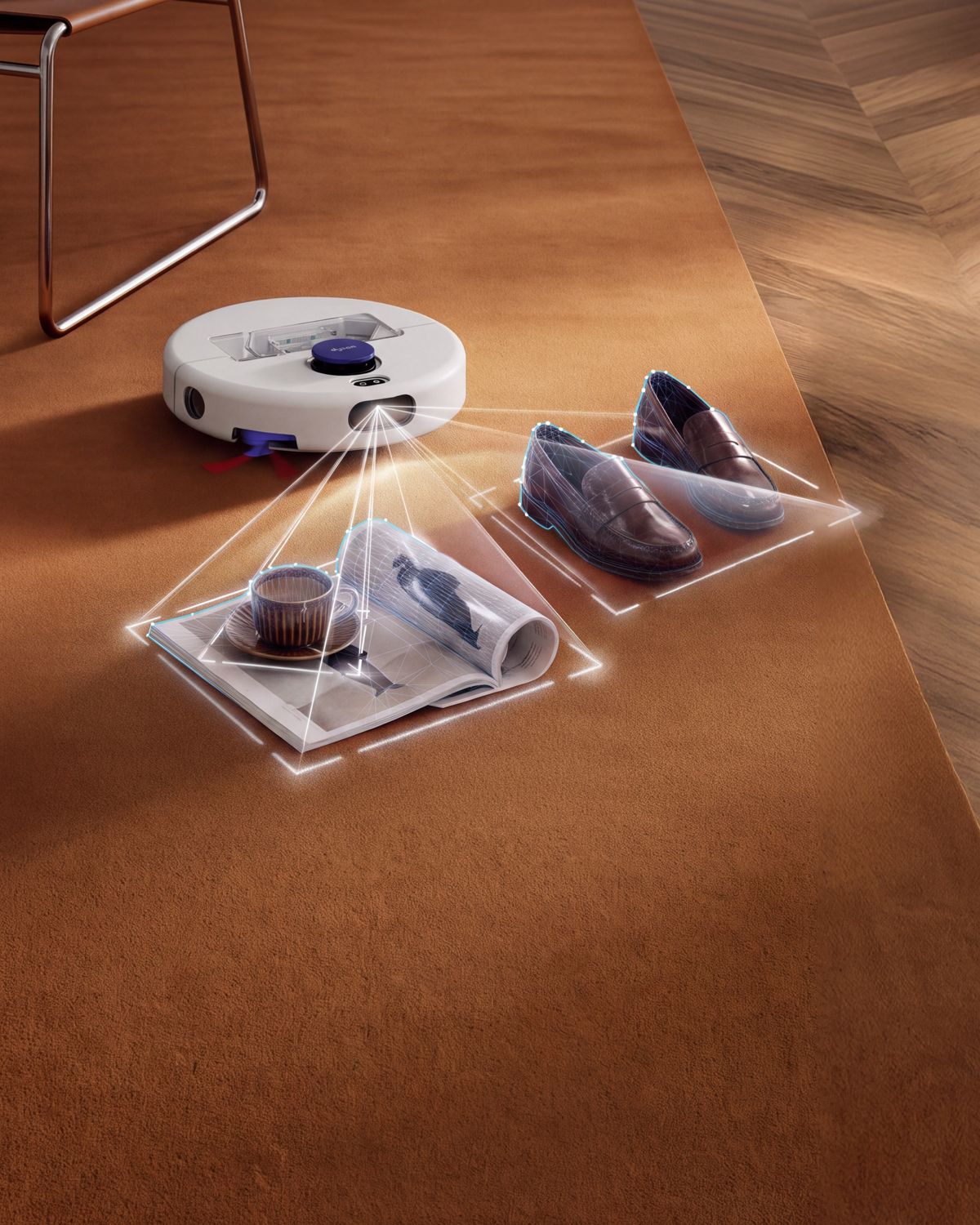 Dyson R1 Nurovi Dry robot vacuum cleaner cleaning autonomously in a home.