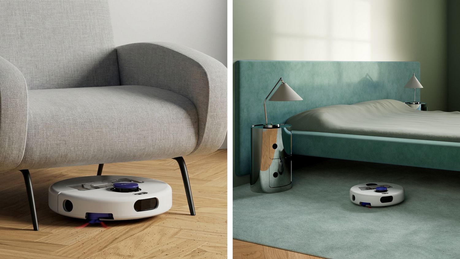Dyson R1 Nurovi Dry robot vacuum cleaner cleaning around obstacles in a home.