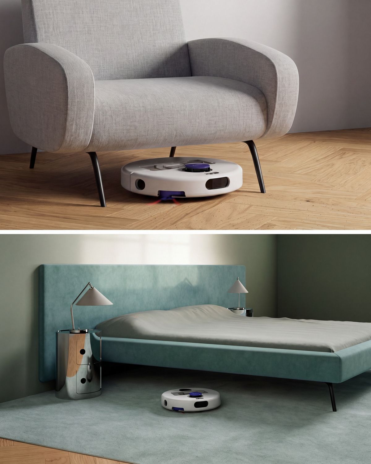 Dyson R1 Nurovi Dry robot vacuum cleaner cleaning around obstacles in a home.