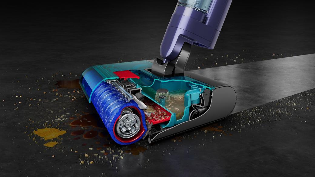 A cut out of the Dyson Clean+Wash Hygiene hard floor cleaner washing a floor.