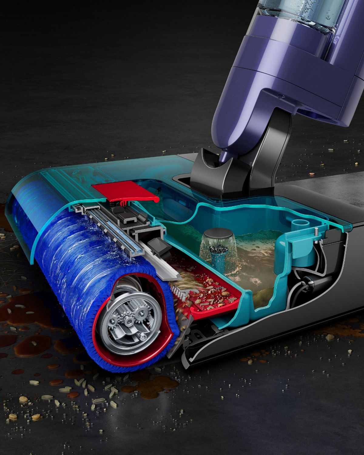 A cut out of the Dyson Clean+Wash Hygiene hard floor cleaner washing a floor.