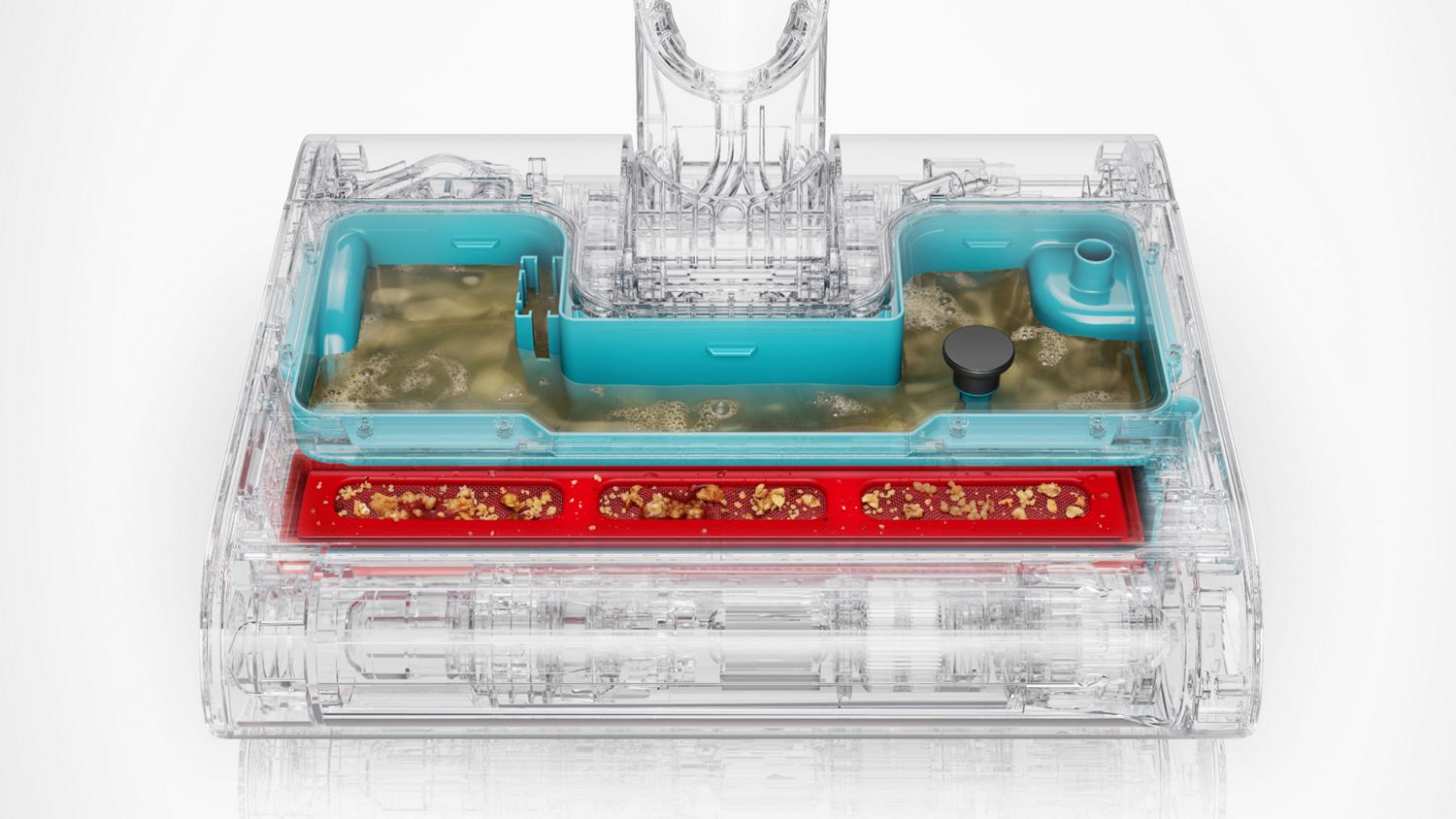 A cut out of the Dyson Clean+Wash Hygiene hard floor cleaner waste system.