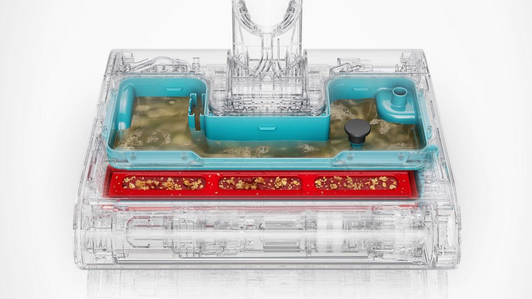 A cut out of the Dyson Clean+Wash Hygiene hard floor cleaner waste system.