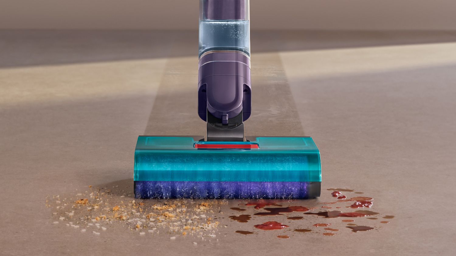 The Dyson Clean+Wash Hygiene hard floor cleaner cleaning dry debris and wet spills from the floor.