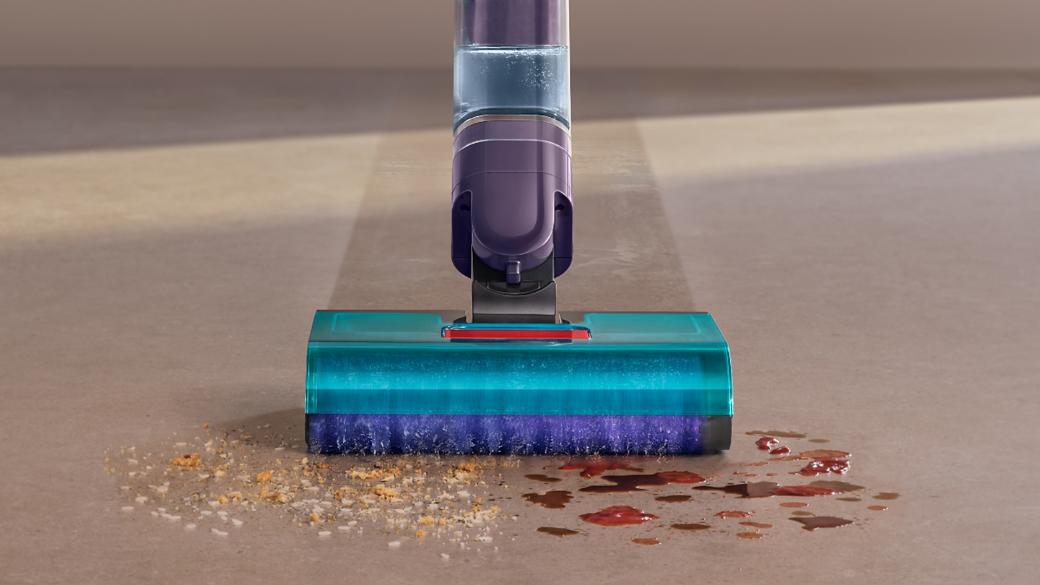 The Dyson Clean+Wash Hygiene hard floor cleaner cleaning dry debris and wet spills from the floor.
