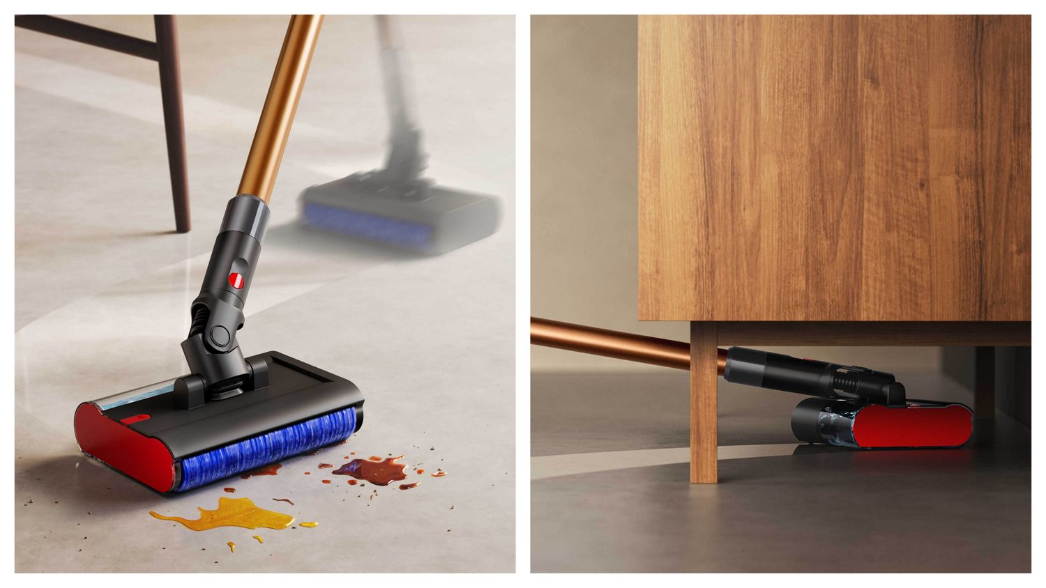 Le Dyson PencilWash nettoie sous un meuble bas et se faufile avec aisance pour nettoyer autour d'un pied de chaise.