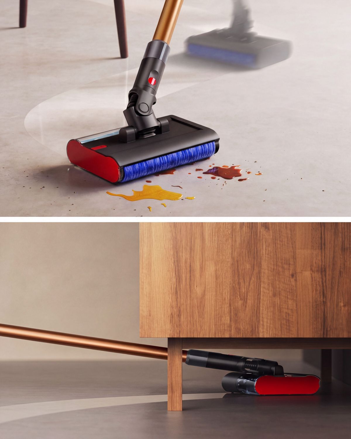 Dyson PencilWash-dammsugaren används för att rengöra under ett lågt skåp och är lätt att manövrera runt ett stolsben.