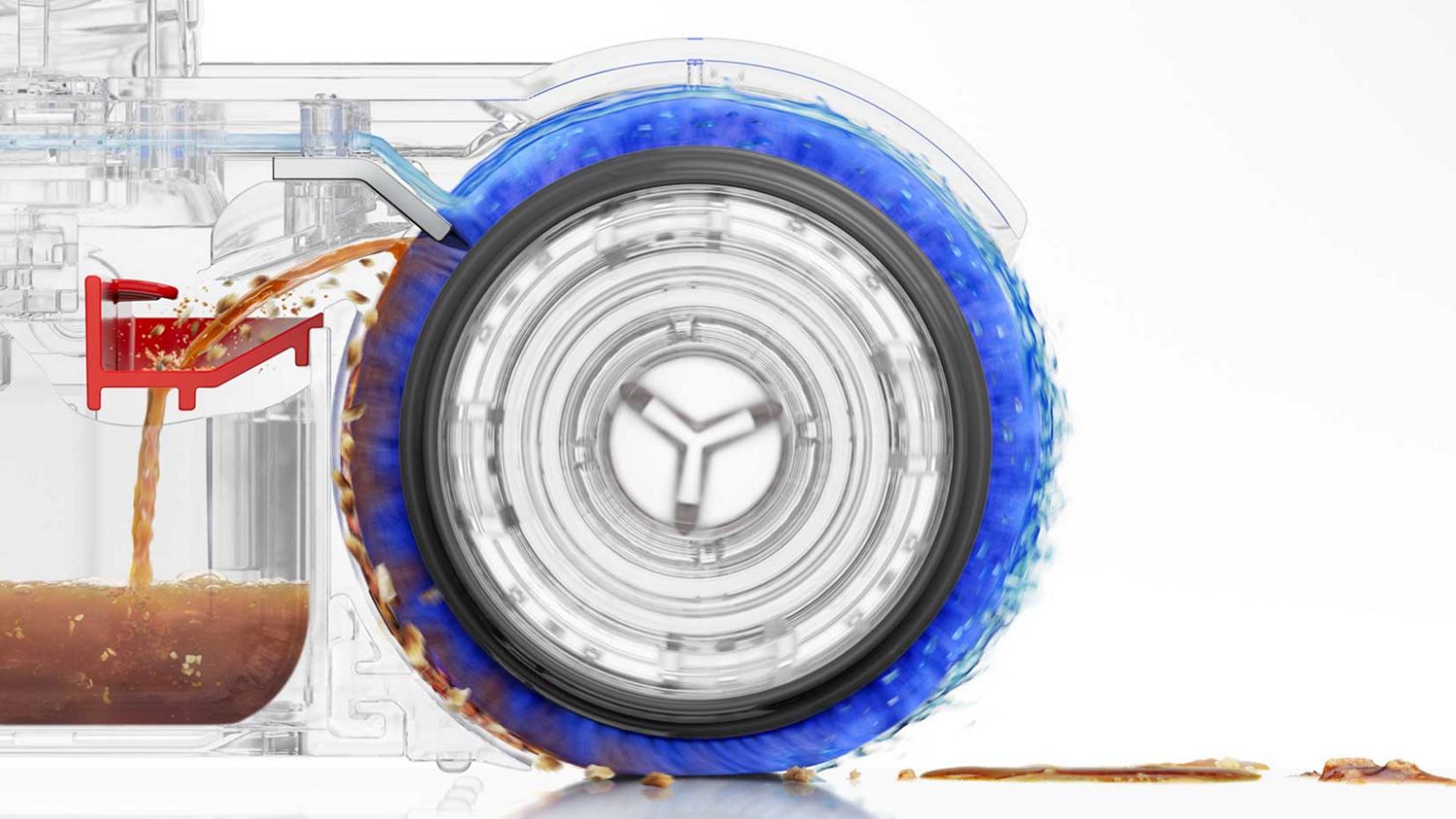 Vue de coupe montrant comment la brosse lavante Dyson PencilWash est lavée avec de l'eau propre à chaque rotation.