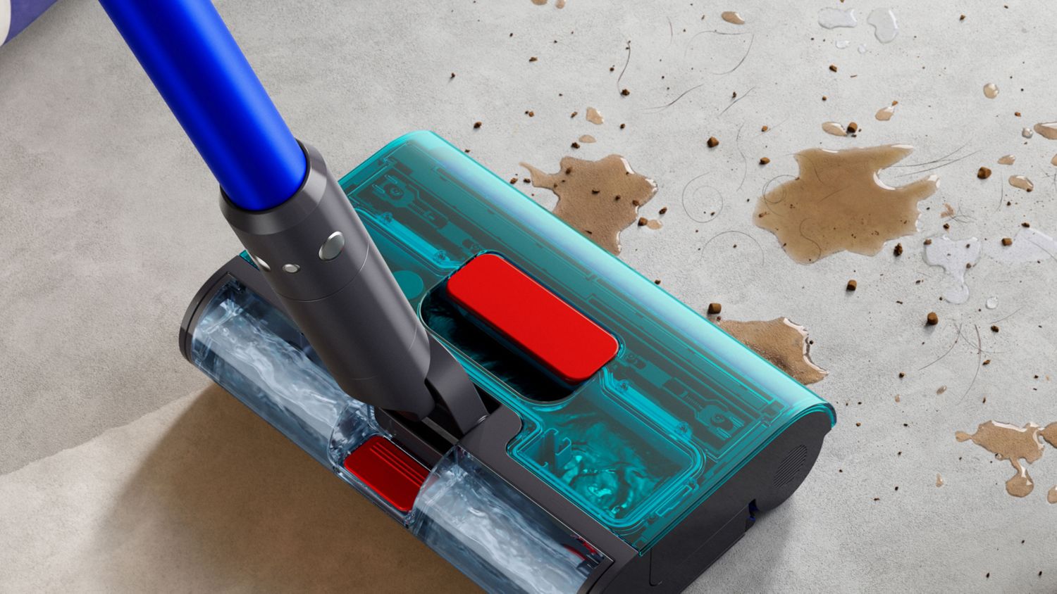 Dyson W1 PencilWash cleaner cleaning spills from a kitchen floor.