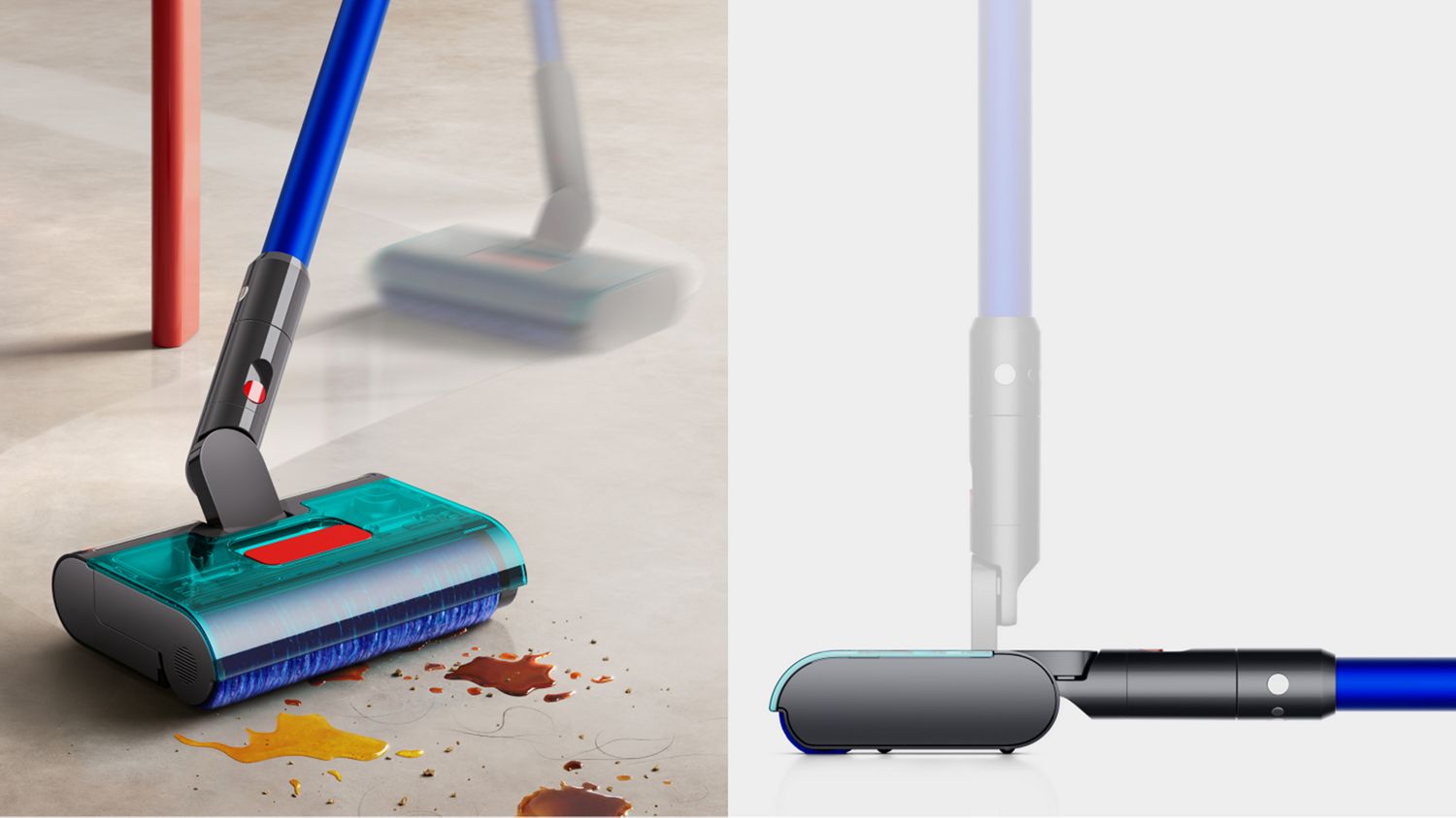Dyson W1 PencilWash cleaner swiveled to avoid obstacles and lying flat for low cleaning.