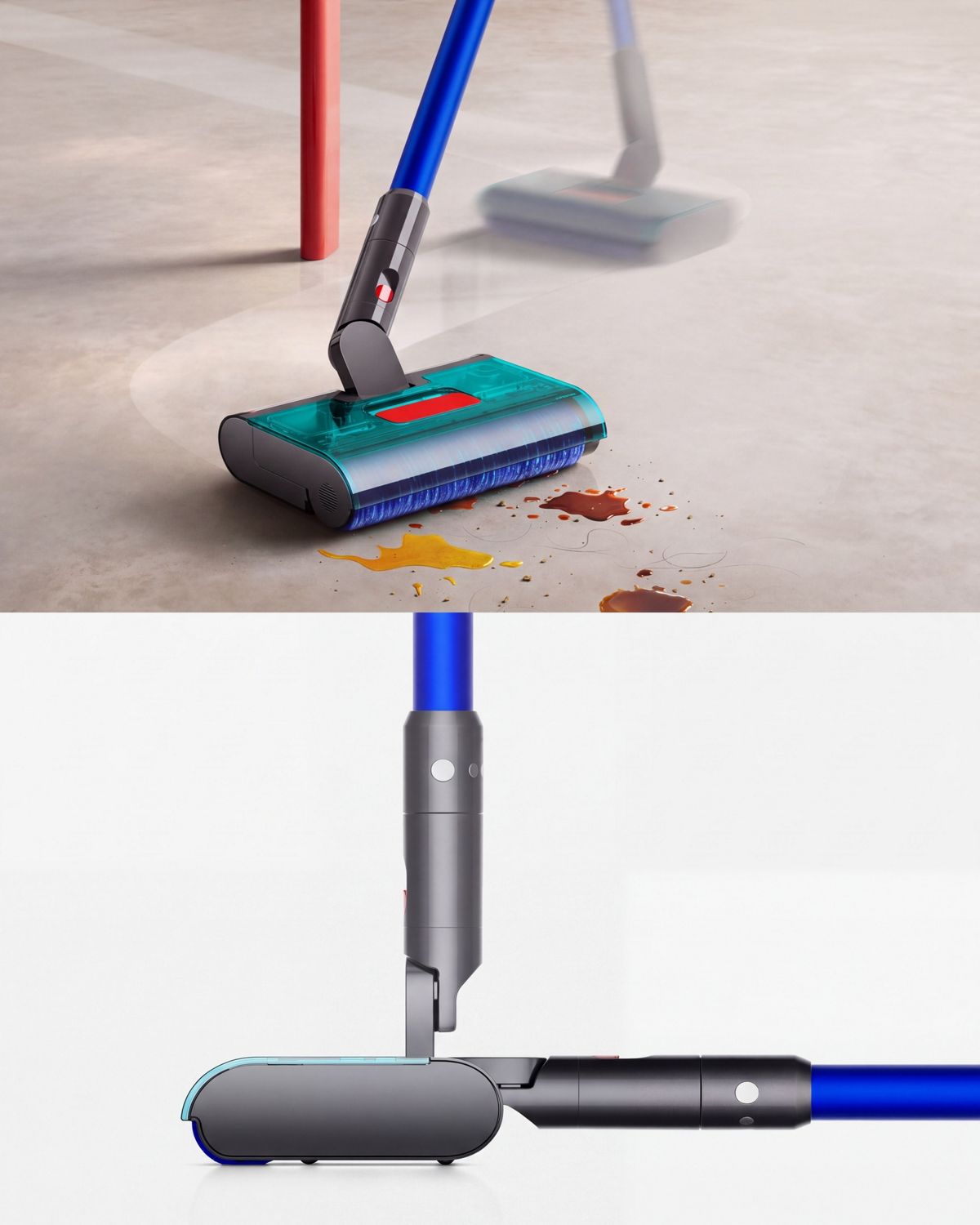 Dyson W1 PencilWash cleaner swiveled to avoid obstacles and lying flat for low cleaning.