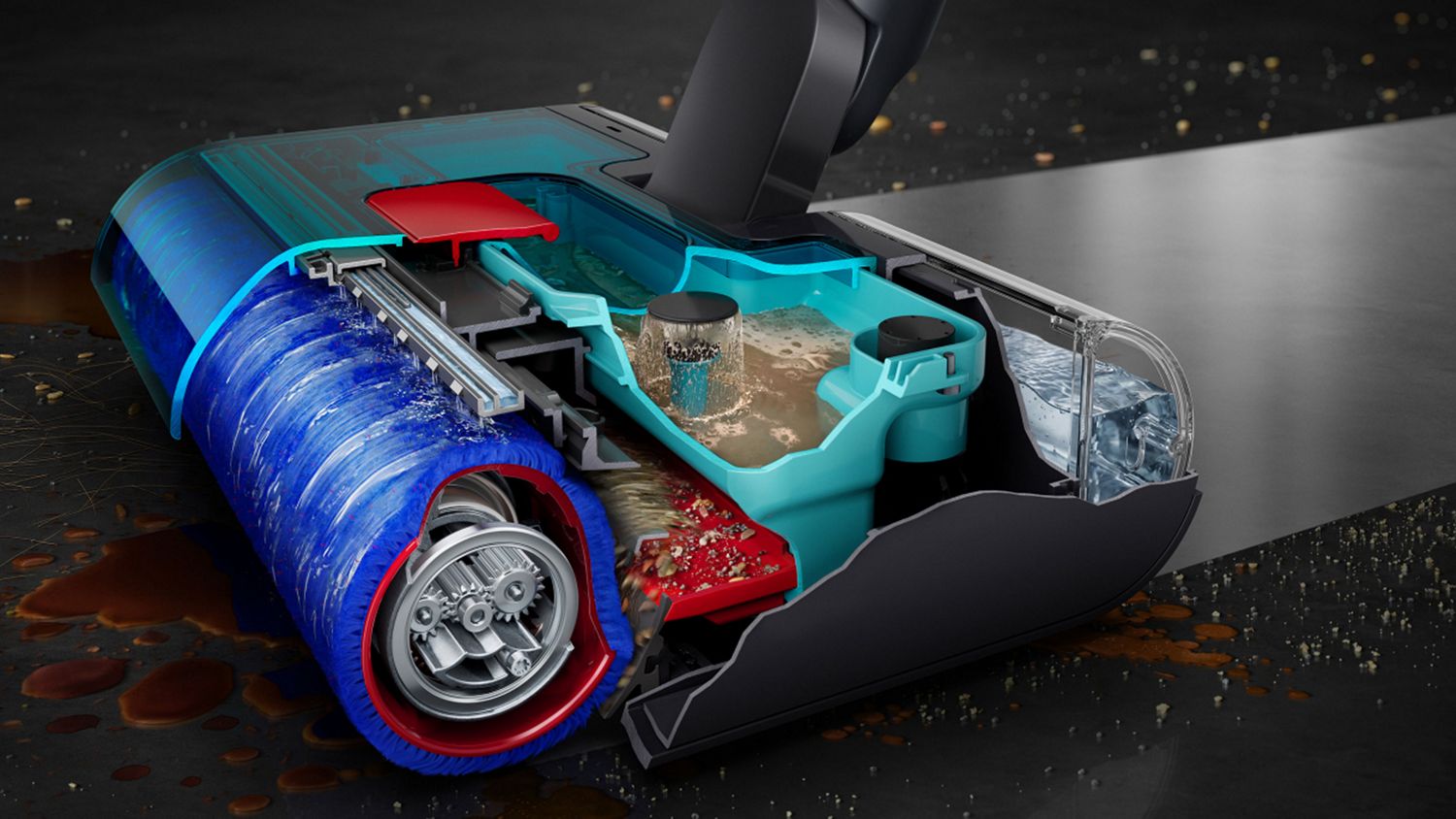 Cutaway shows the Dyson W1 PencilWash cleaning spills and stains with clean water.