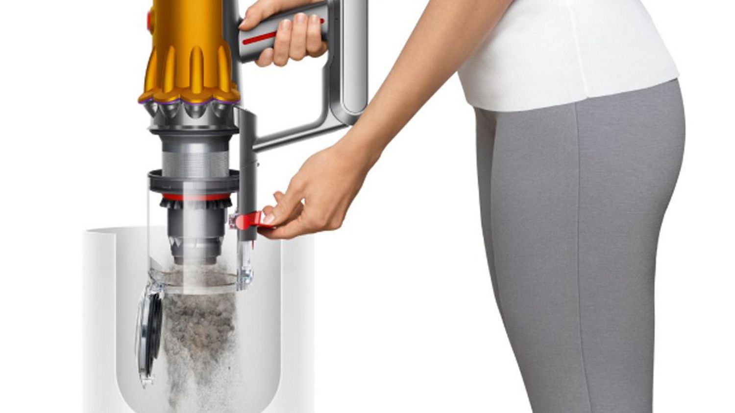 A model emptying the bin for the Dyson V12s Detect Slim Submarine wet and dry vacuum.