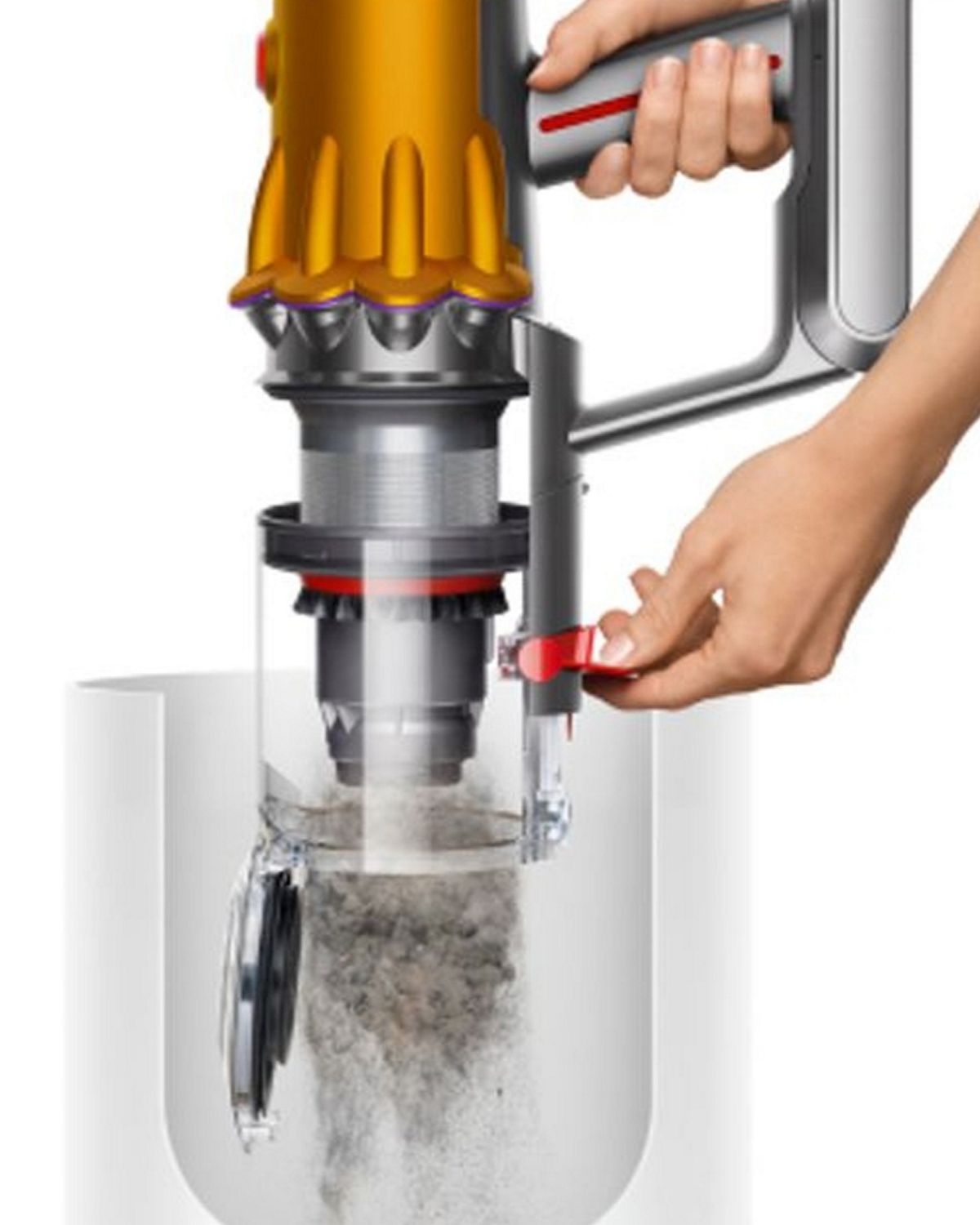 A model emptying the bin for the Dyson V12s Detect Slim Submarine wet and dry vacuum.