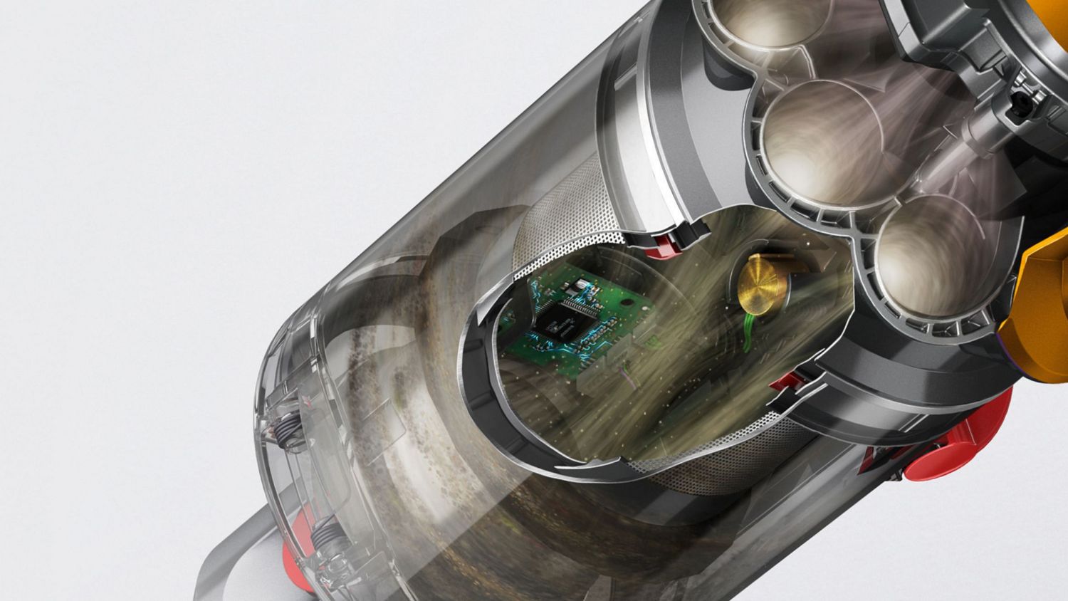 A cut out of the Dyson V12s Detect Slim Submarine wet and dry vacuum HEPA filtration.