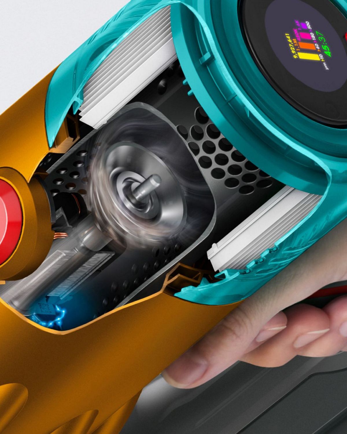 A cut out of the Dyson V12s Detect Slim Submarine wet and dry vacuum motor.