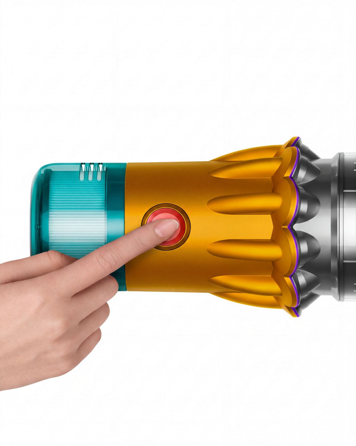 A model pressing the power button for the Dyson V12s Detect Slim Submarine Complete wet and dry vacuum.