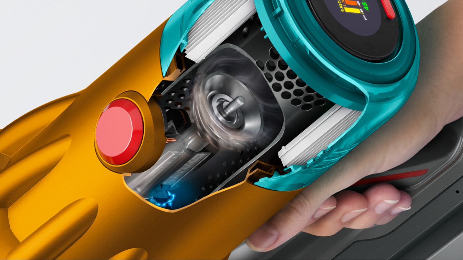 A cutaway of the Dyson V12s Submarine motor in action.