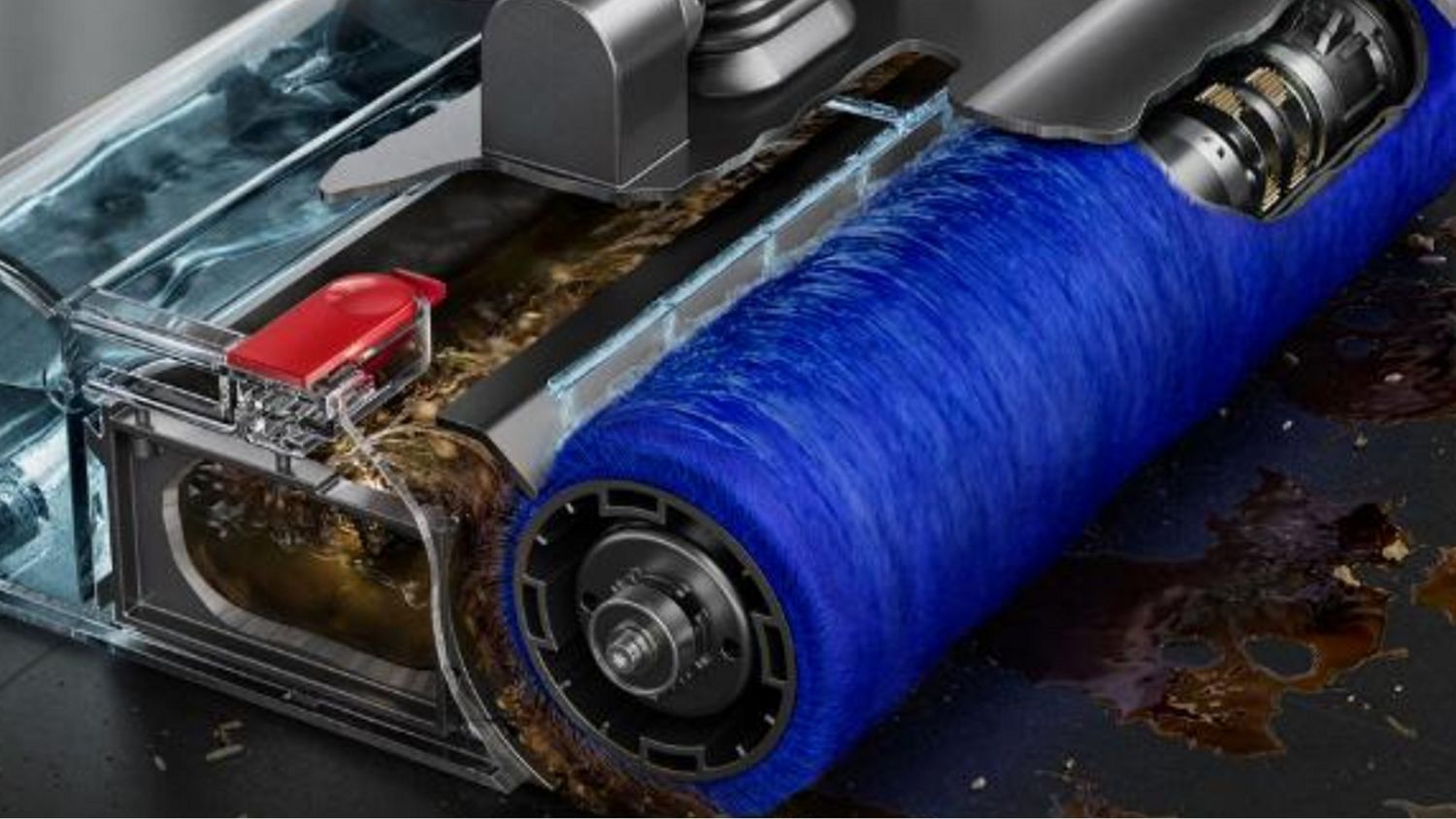 A close up and cutaway of the Submarine™ cleanerhead showing the function of the rollers and water tray.