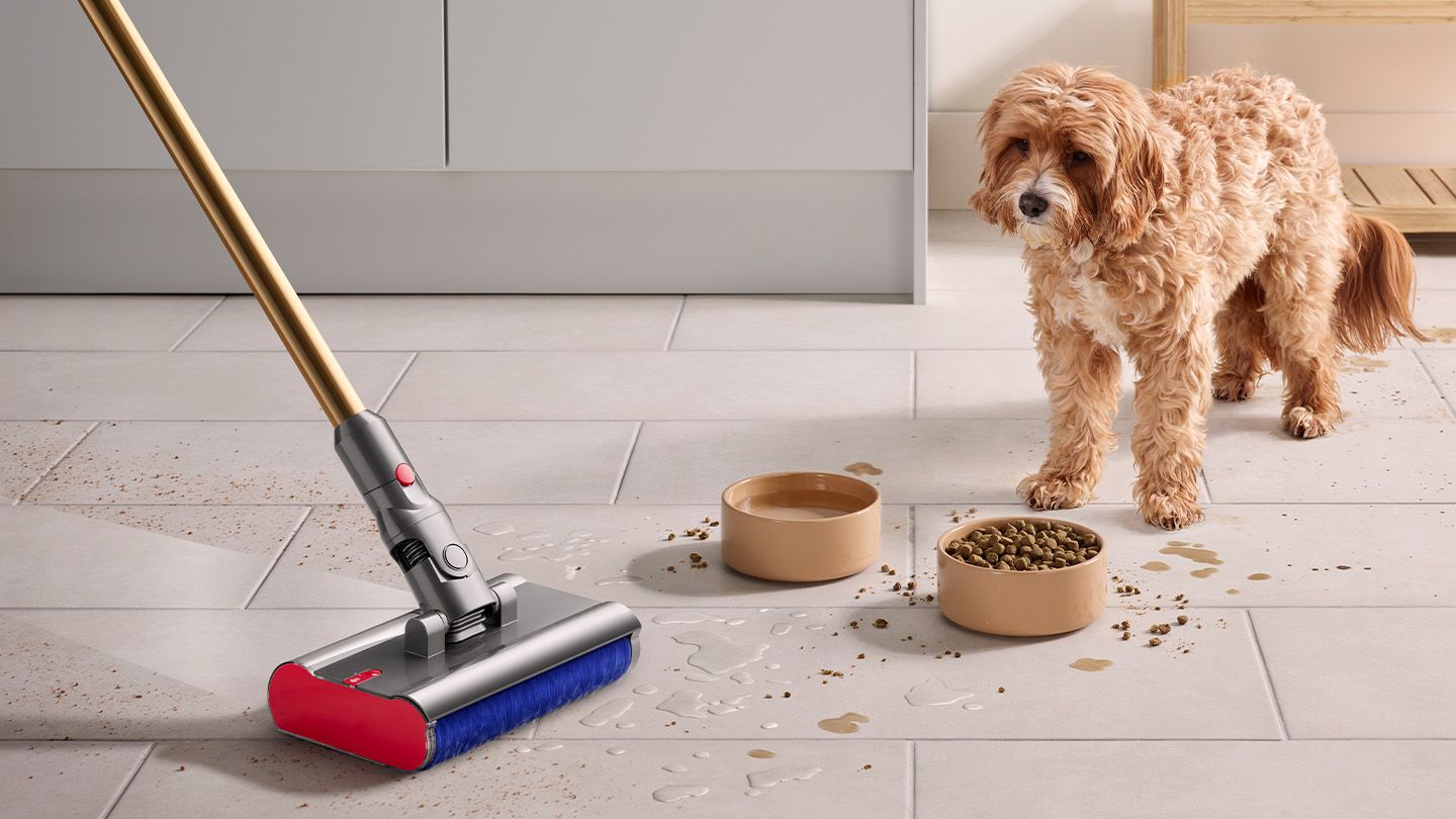 The Dyson V12s Detect Slim Submarine cleans the floor of a kitchen with a dog and dog food bowls in the background.