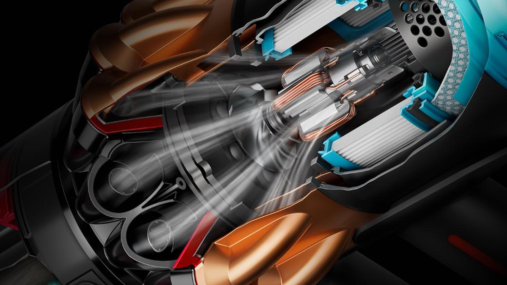 Cutaway showing the motor within the Dyson V16 Piston Animal vacuum cleaner.