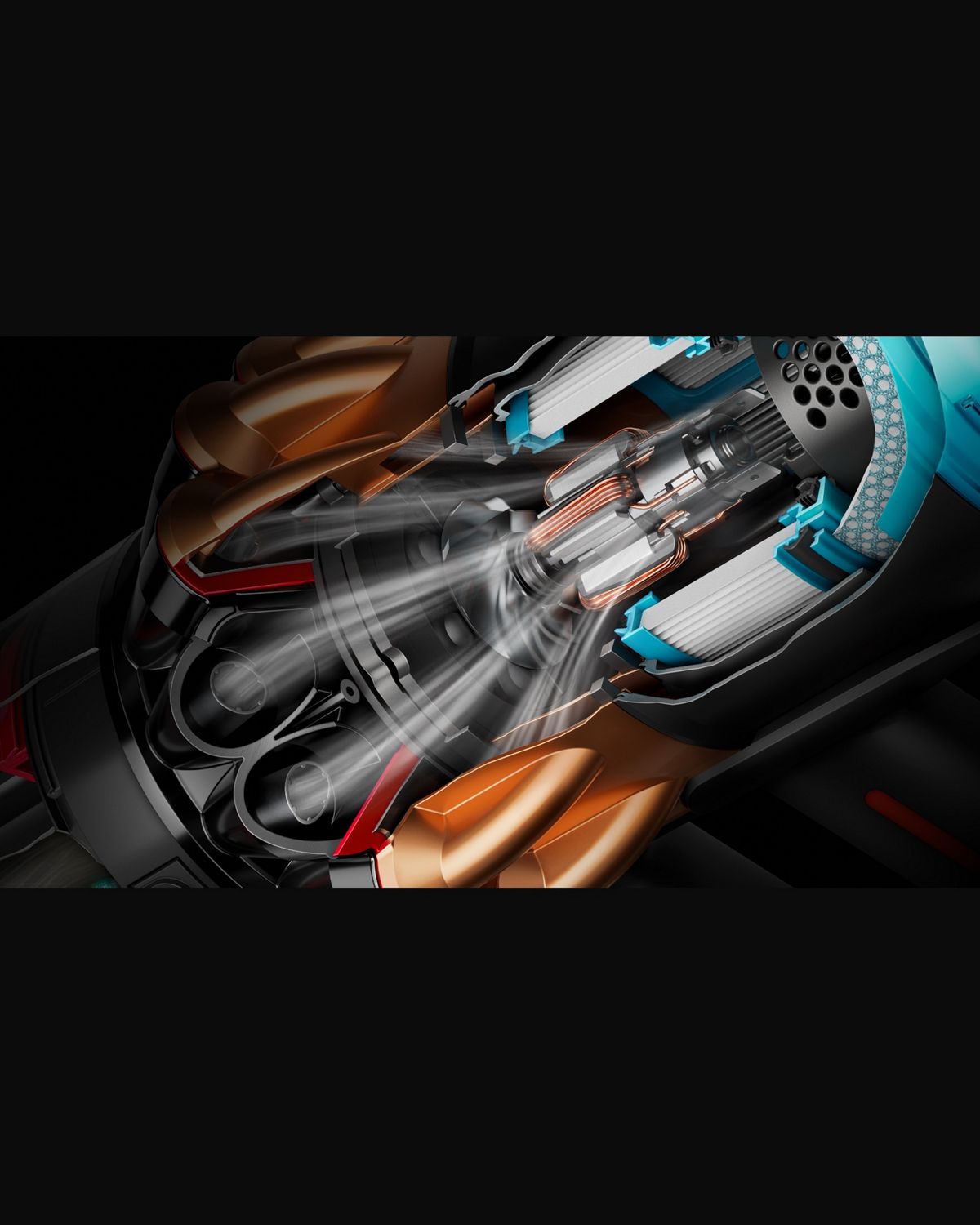 Cutaway showing the motor within the Dyson V16 Piston Animal vacuum cleaner.