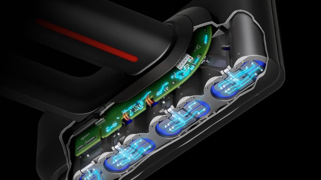 Cutaway showing the battery within the Dyson V16 Piston Animal vacuum cleaner.