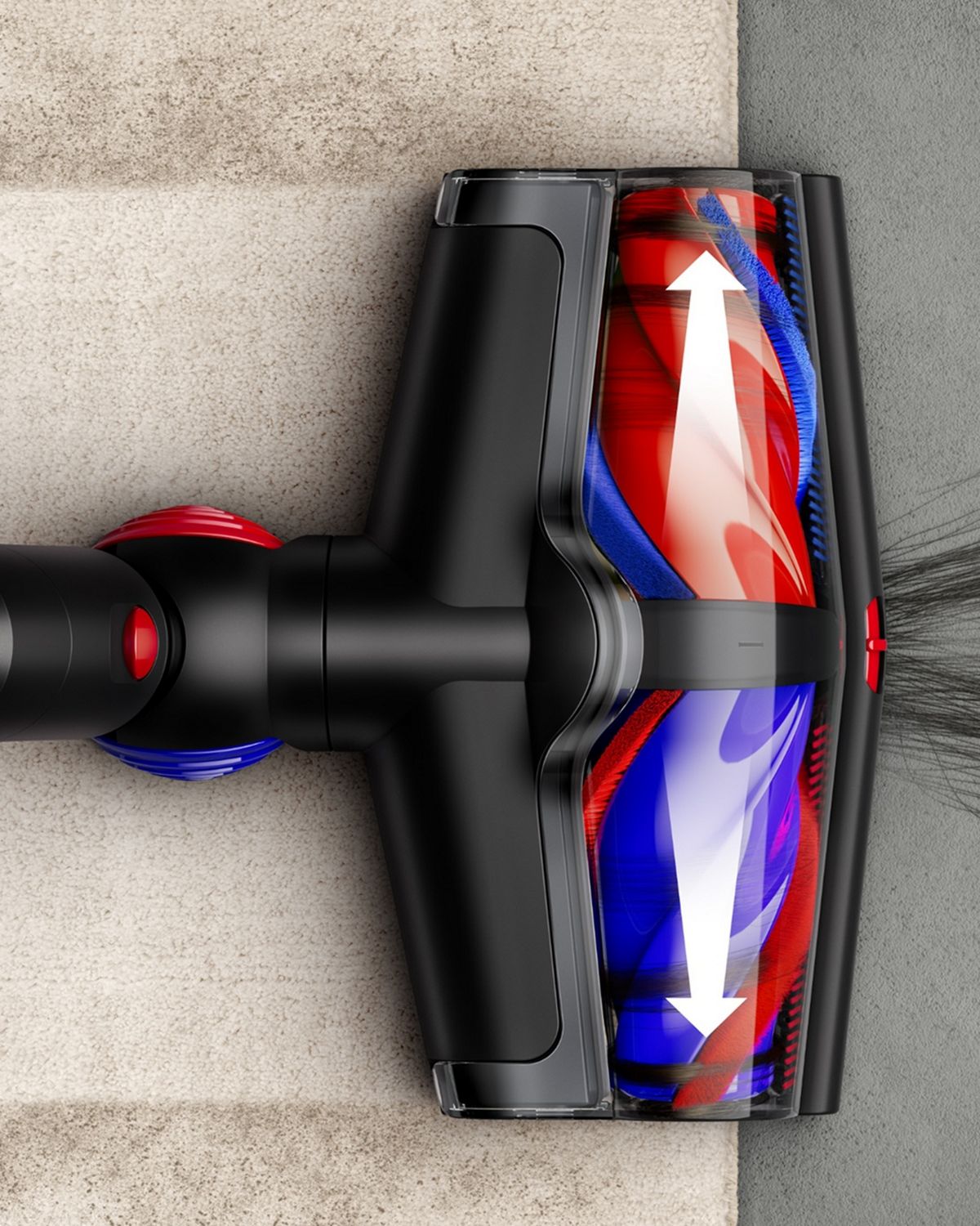 Dyson All Floor Cones Sense cleaner head de-tangles long hair.