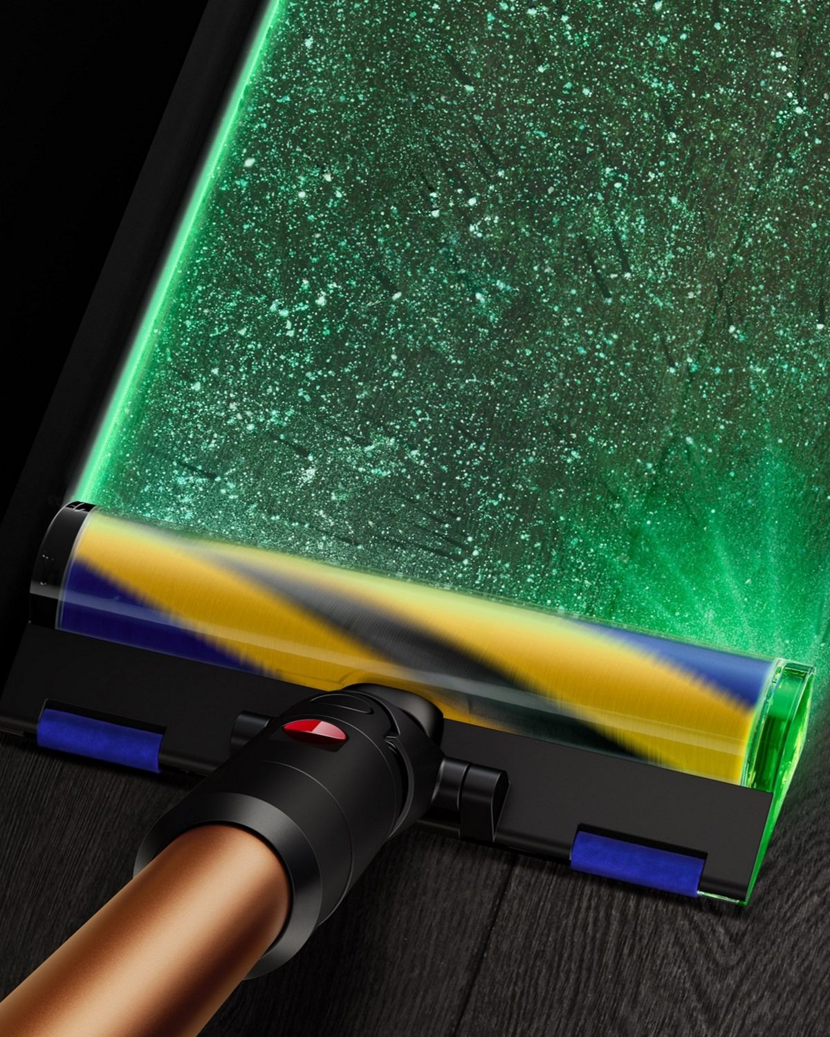 Dyson Fluffy Optic cleaner head used to clean dust and debris from a hard floor.