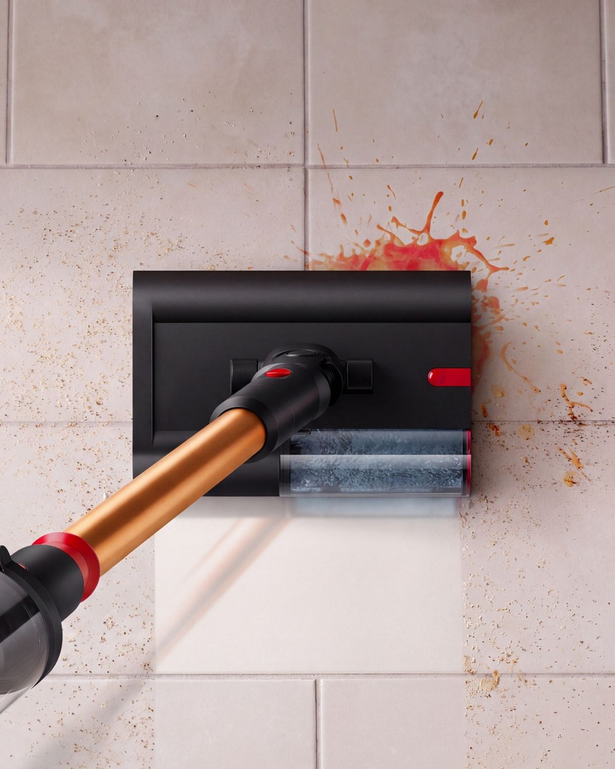 Dyson Submarine 2.0 wet cleaner head used to clean spills from a tile floor.