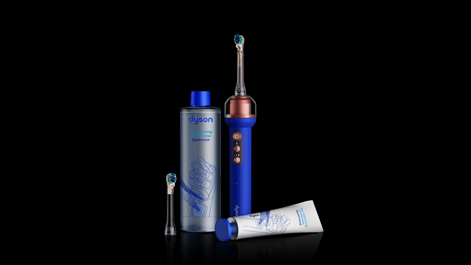 Dyson CameraJet toothbrush, toothpaste and mouth rinse.