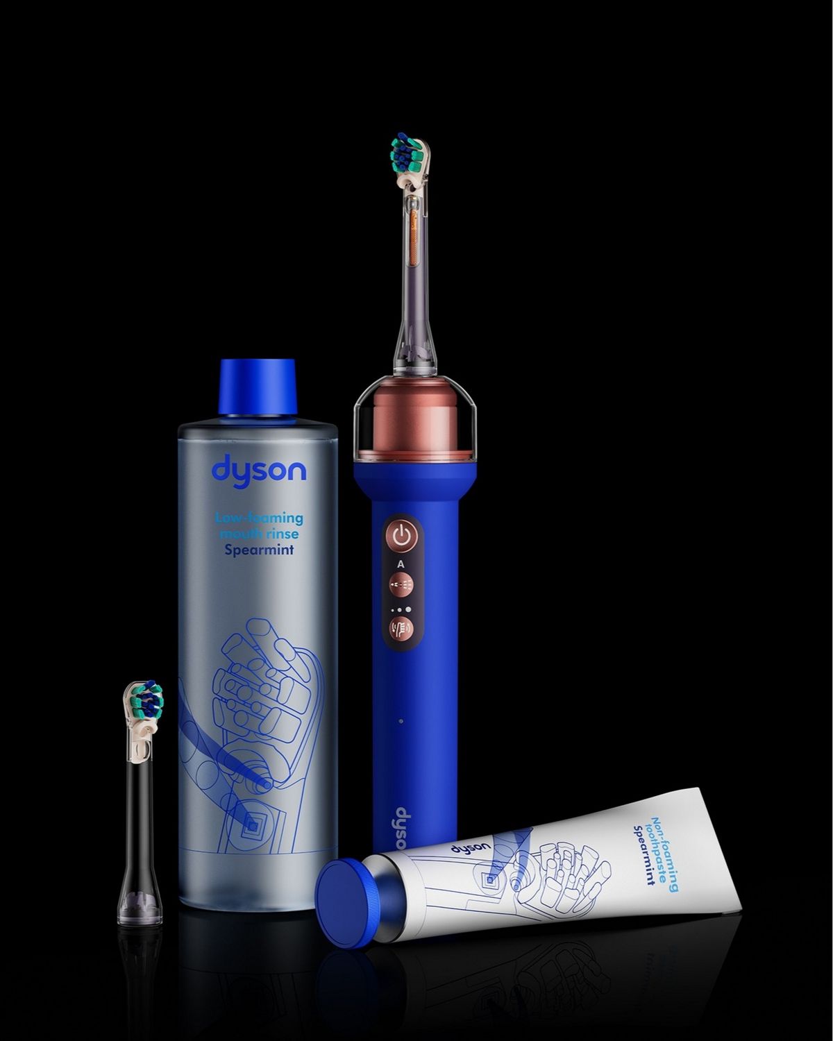 Dyson CameraJet toothbrush, toothpaste and mouth rinse.