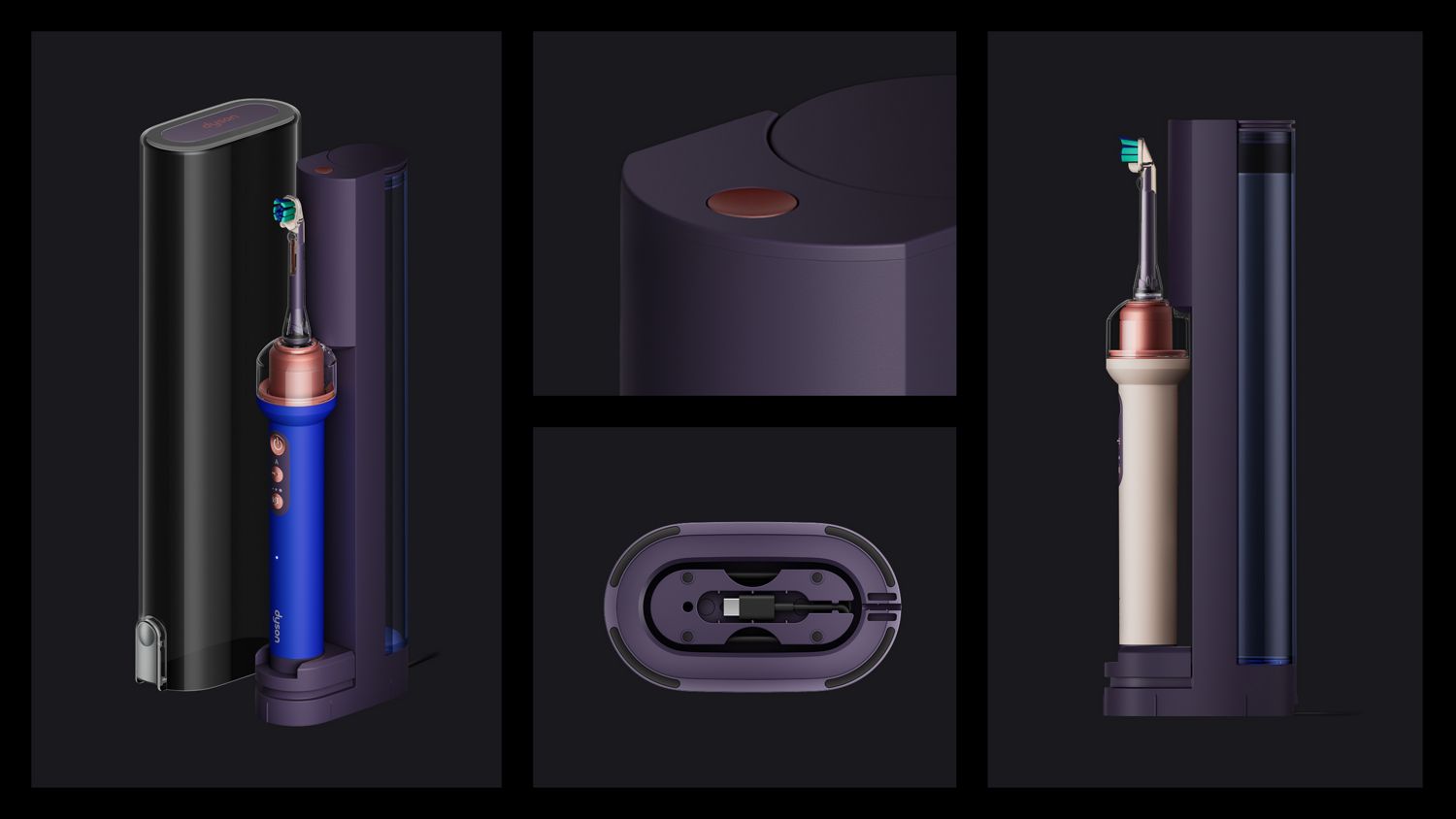 Dyson CameraJet歯ブラシと充電ドック、給水ボタンと充電ケーブルのクローズアップ画像。