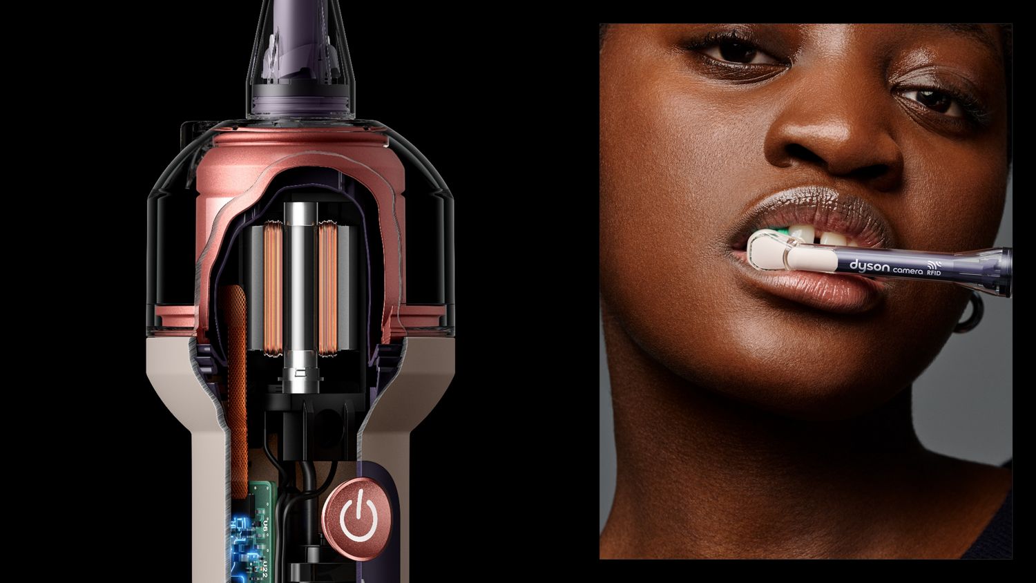 Cutaway showing the motor inside the Dyson CameraJet toothbrush.