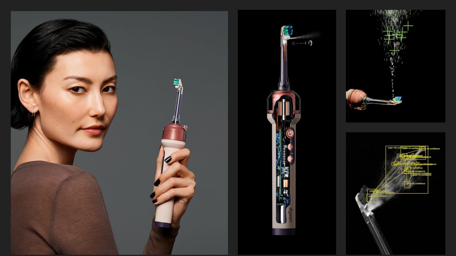 Model holds the Dyson CameraJet toothbrush next to cutaways showing the technology in the device.