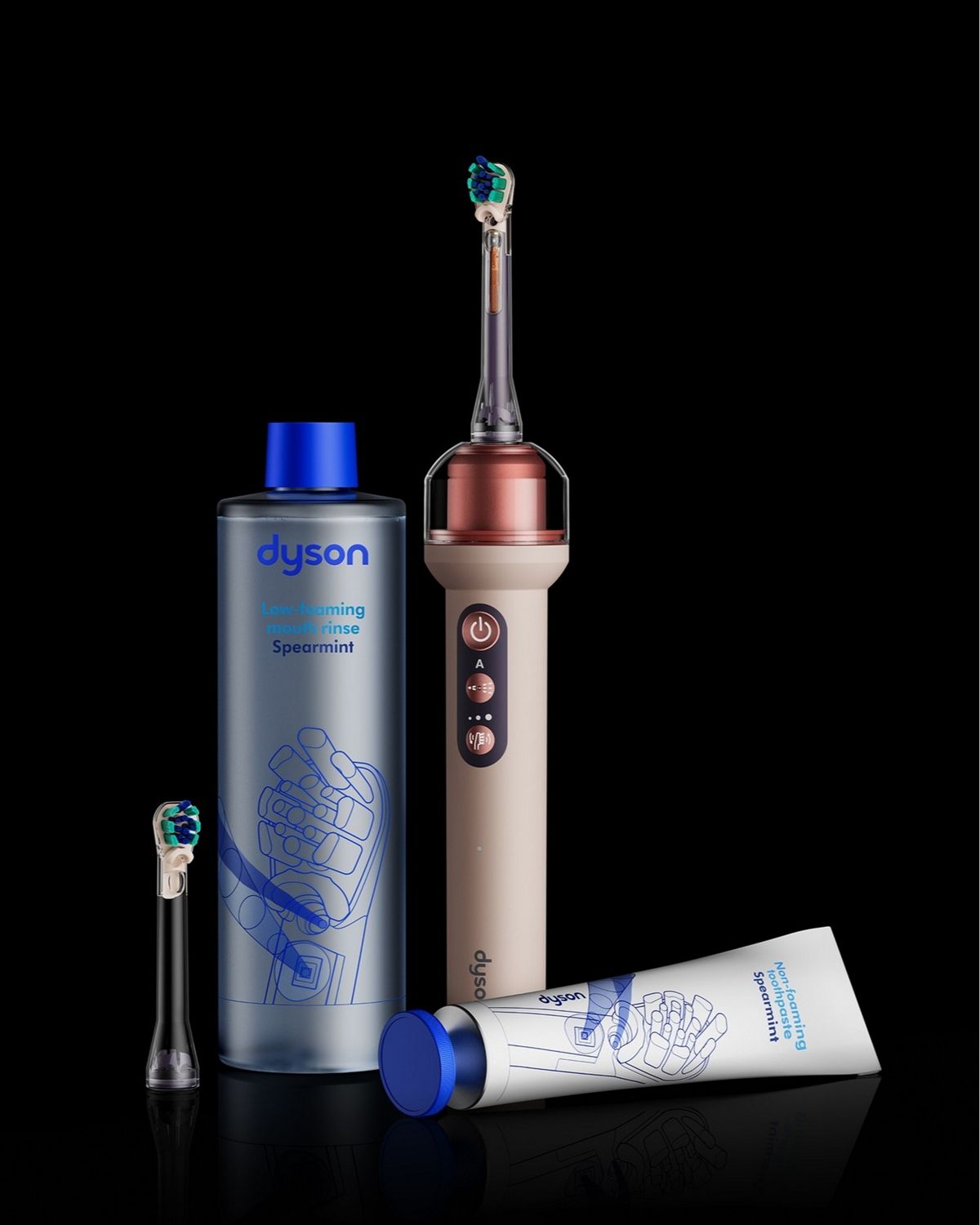 Dyson CameraJet toothbrush, toothpaste and mouth rinse.