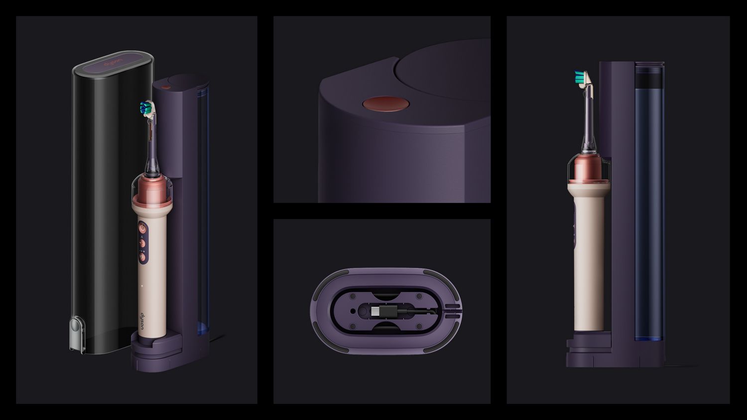 Dyson CameraJet歯ブラシとリフィルドック、リフィルボタンと充電ケーブルのクローズアップ画像。