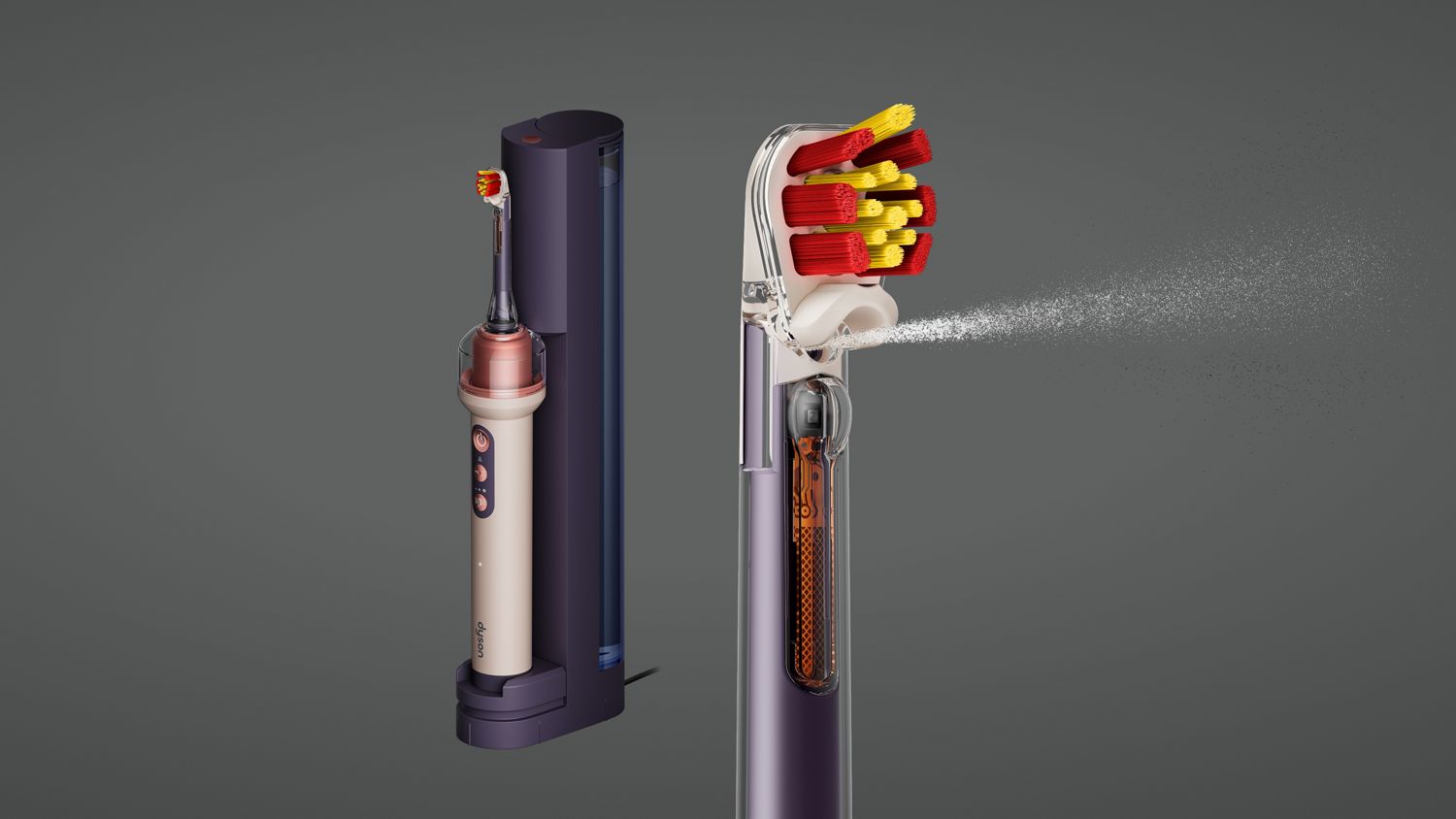 Dyson CameraJet toothbrush in its dock next to a sensitive brush head.