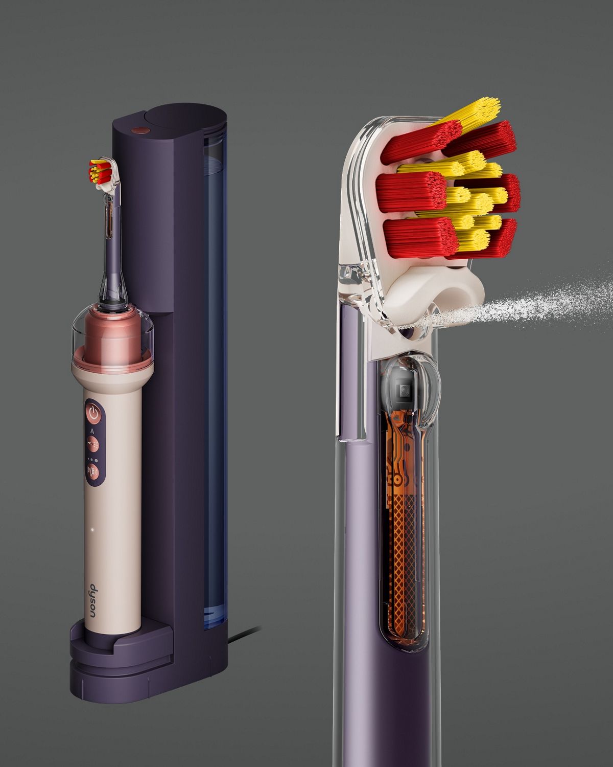 Cepillo de dientes Dyson CameraJet en su base de carga junto a un cabezal sensible.