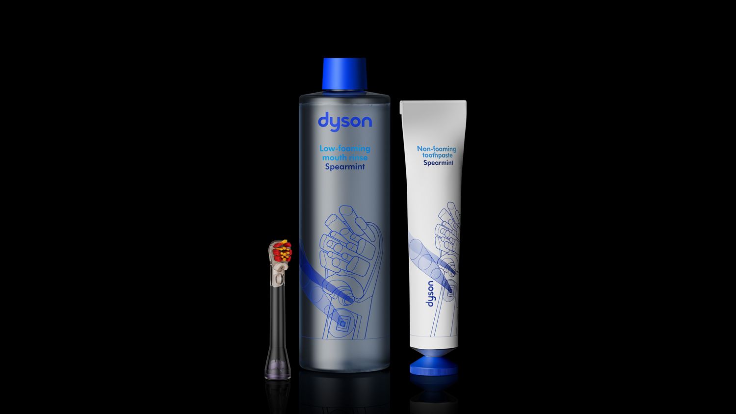 Dyson CameraJet brush head, Mouth rinse and toothpaste.