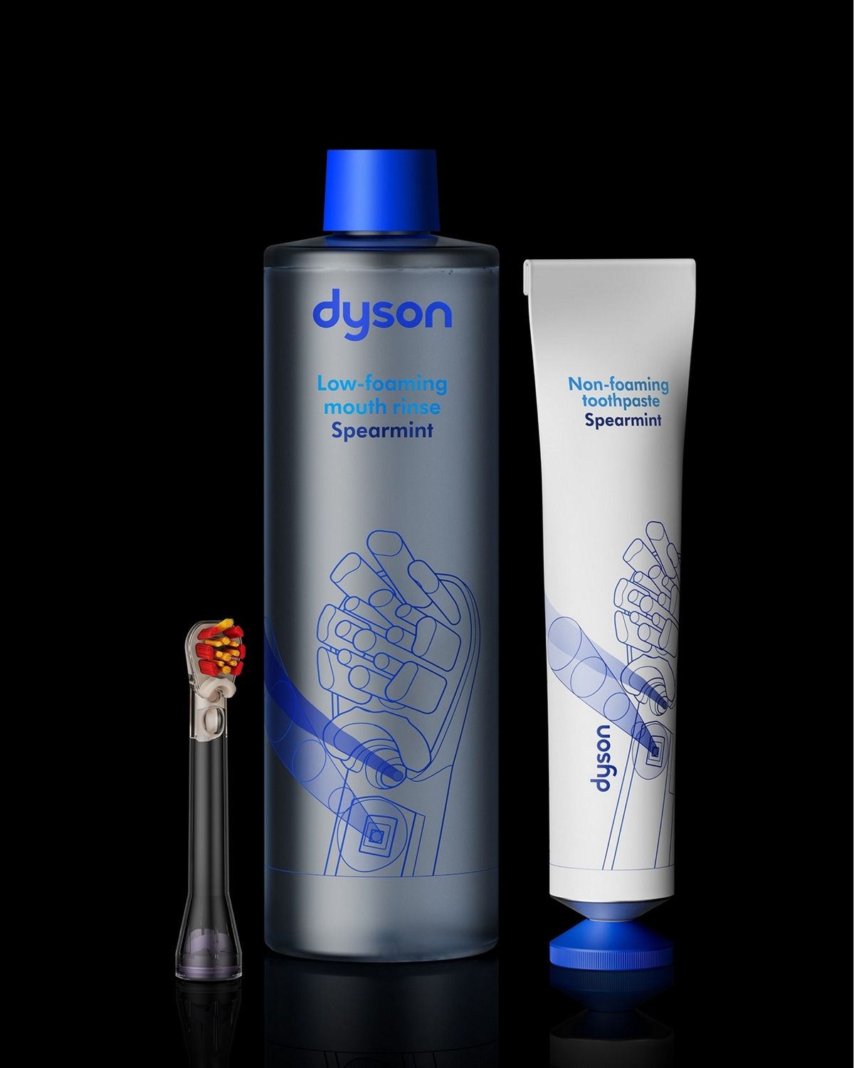 Cabezal del cepillo Dyson CameraJet, enjuague bucal y pasta de dientes.