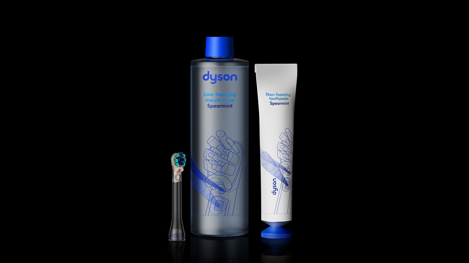 Dyson CameraJet brush head, Mouth rinse and toothpaste.